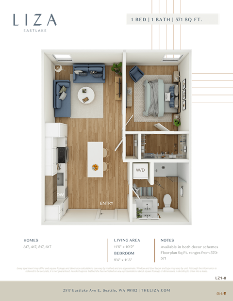 Liza Apartment 3D floor plan - 1x1 571 sqft